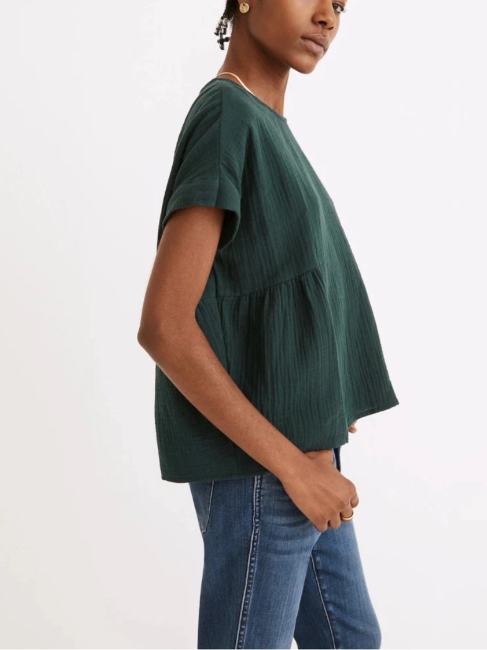 Madewell Emerald Green Lightspun Gauze Muslin Top Casual Preppy Boxy Size XS - Picture 2 of 8